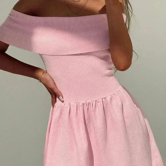 Pink Elegant Women's Off-Shoulder Mini Dress In Romantic Color - Picture 1 of 6